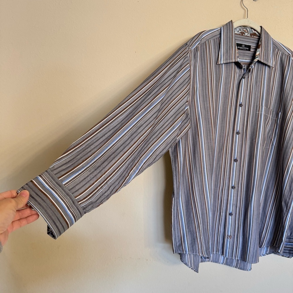 Bugatchi Uomo Shirt Size XL Gray White Brown Striped Long Sleeve Business Preppy